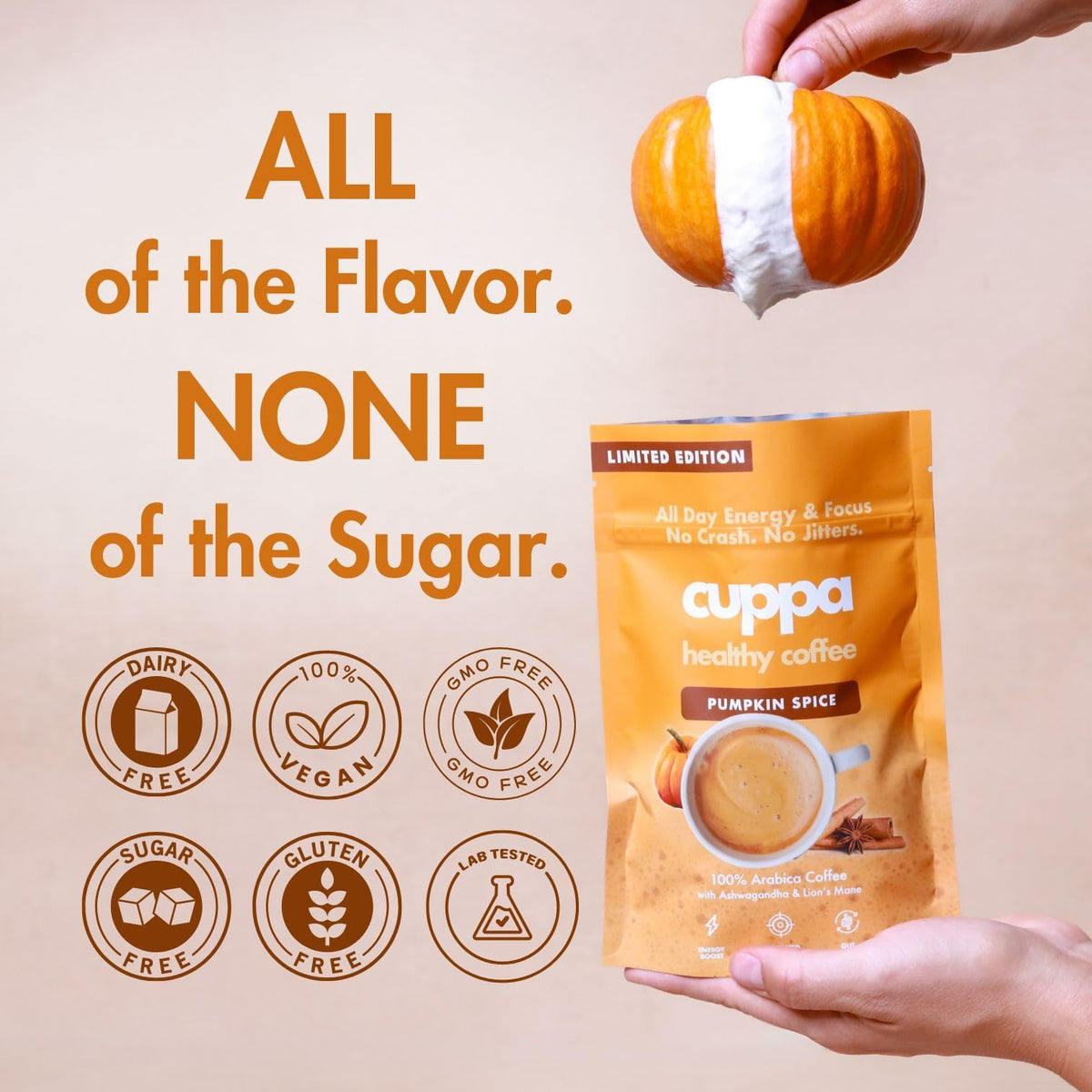 Cuppa Pumpkin Spice Mushroom Coffee with Adaptogens & MCT (30 Servings) – Lion’s Mane, Ashwagandha & Cordyceps