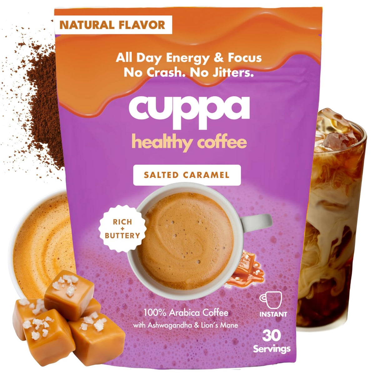 Cuppa Salted Caramel Mushroom Coffee with Adaptogens & MCT - Lion's Mane, Ashwagandha & Cordyceps (30 Servings)