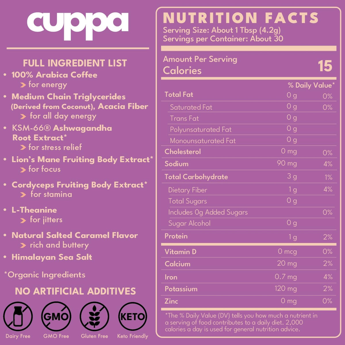 Cuppa Salted Caramel Mushroom Coffee with Adaptogens & MCT - Lion's Mane, Ashwagandha & Cordyceps (30 Servings)