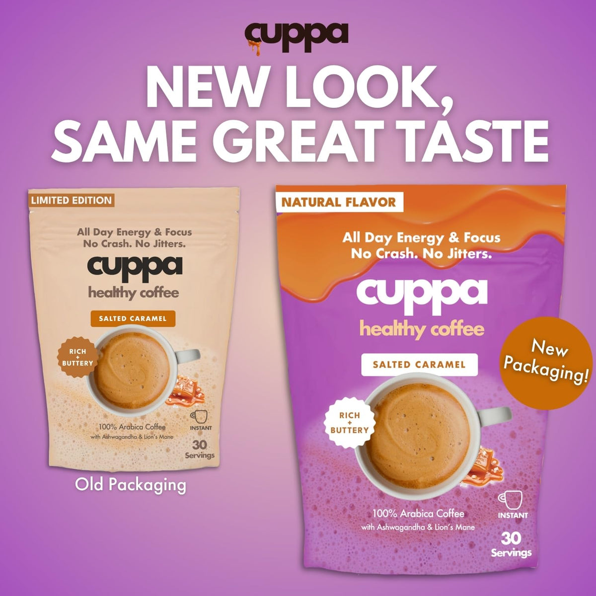 Cuppa Salted Caramel Mushroom Coffee with Adaptogens & MCT - Lion's Mane, Ashwagandha & Cordyceps (30 Servings)