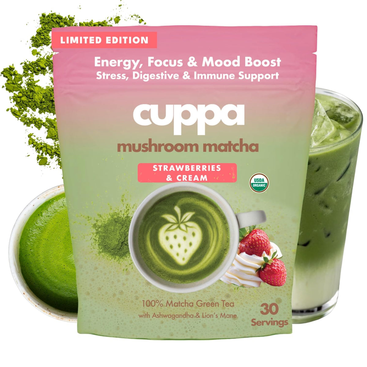 Cuppa Strawberries & Cream Matcha — Ceremonial Grade with Lion's Mane & Adaptogens (30 Servings)
