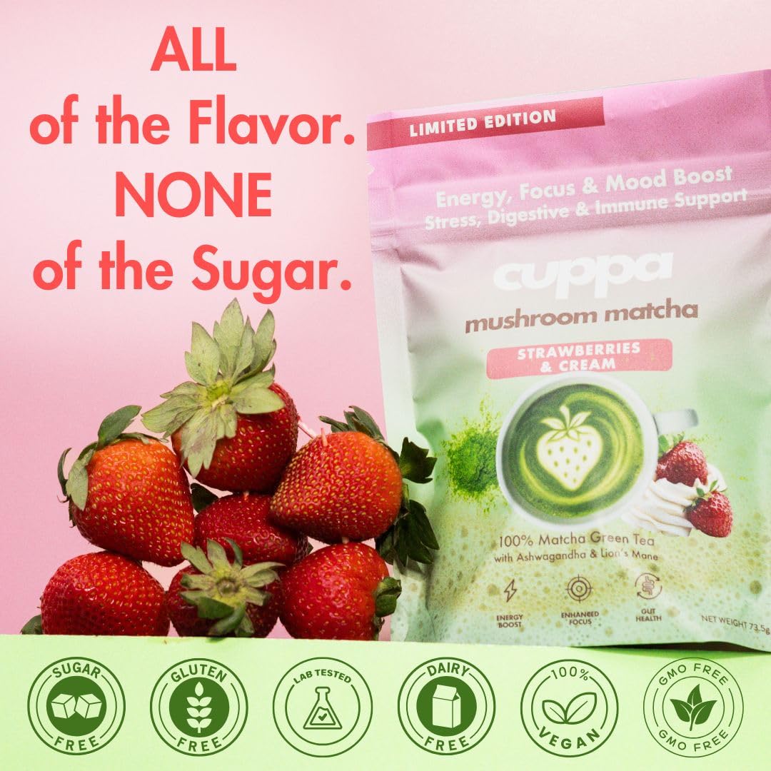 Cuppa Strawberries & Cream Matcha — Ceremonial Grade with Lion's Mane & Adaptogens (30 Servings)