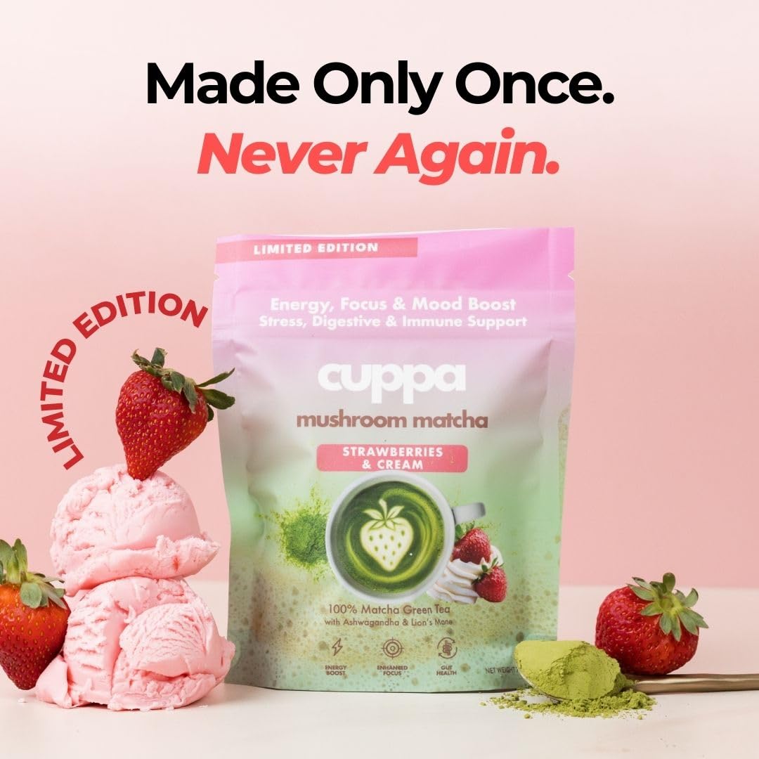 Cuppa Strawberries & Cream Matcha — Ceremonial Grade with Lion's Mane & Adaptogens (30 Servings)