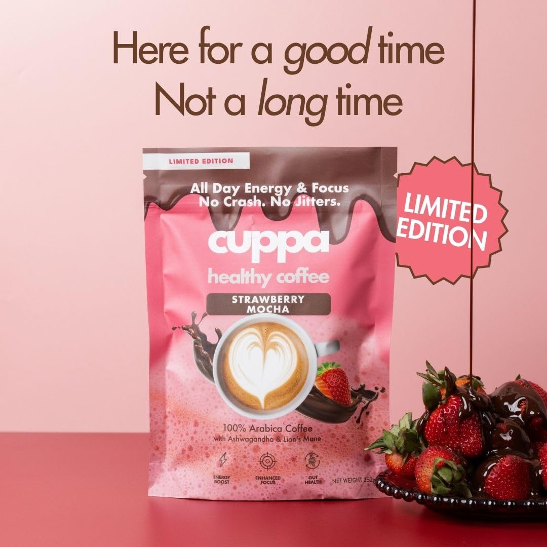 Cuppa Healthy Coffee: Strawberry Mocha Mushroom Coffee with Adaptogens & MCT (30 Servings)