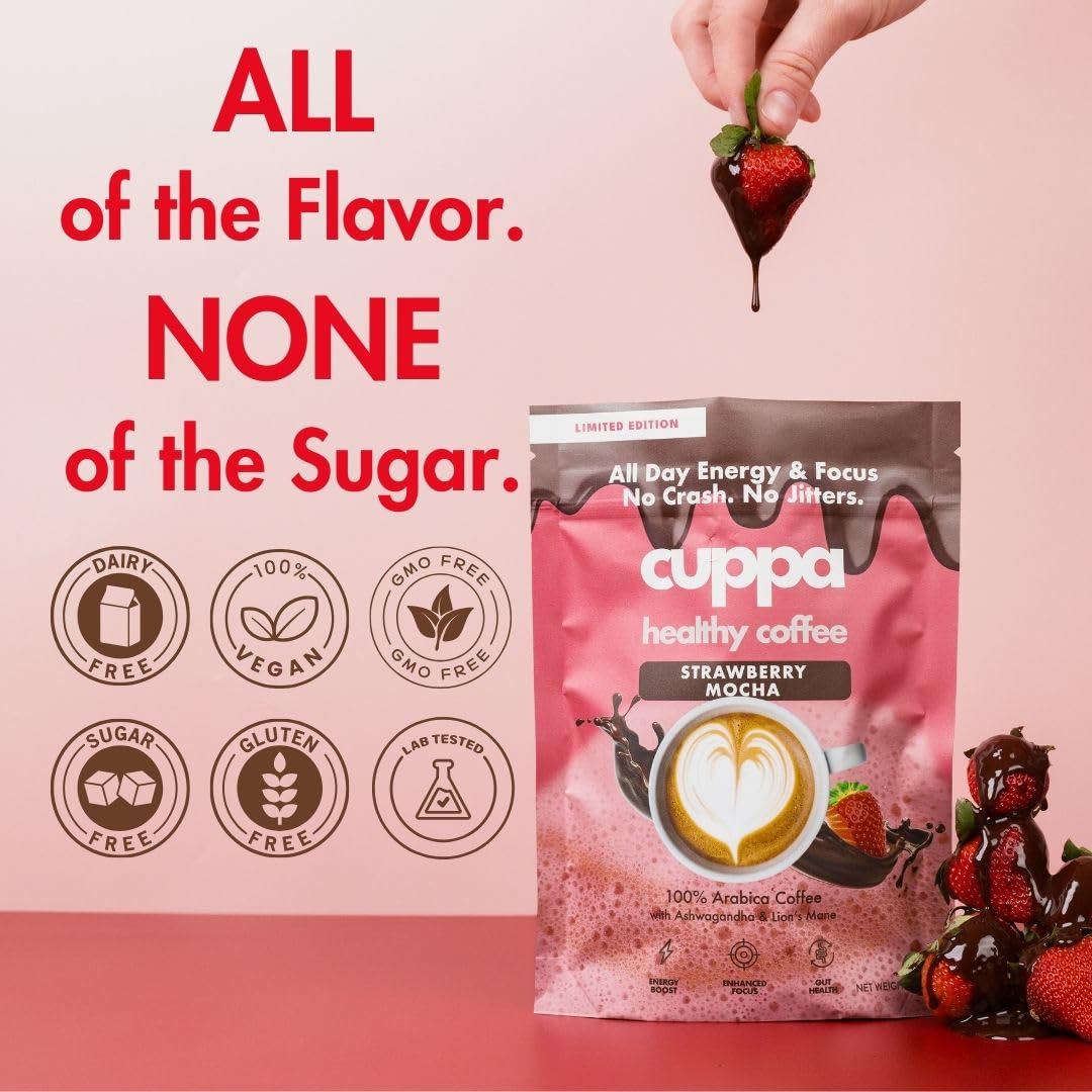 Cuppa Healthy Coffee: Strawberry Mocha Mushroom Coffee with Adaptogens & MCT (30 Servings)