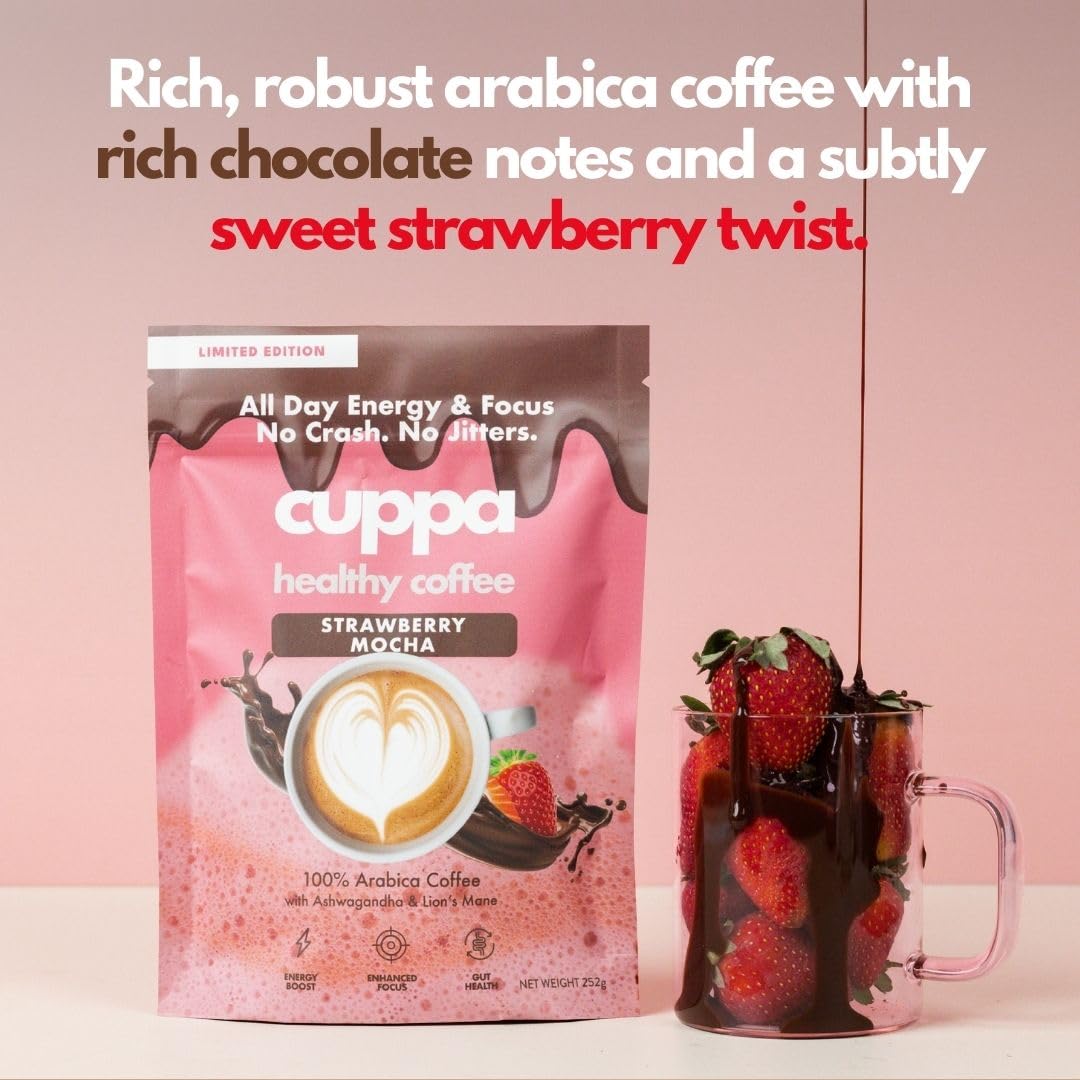 Cuppa Healthy Coffee: Strawberry Mocha Mushroom Coffee with Adaptogens & MCT (30 Servings)