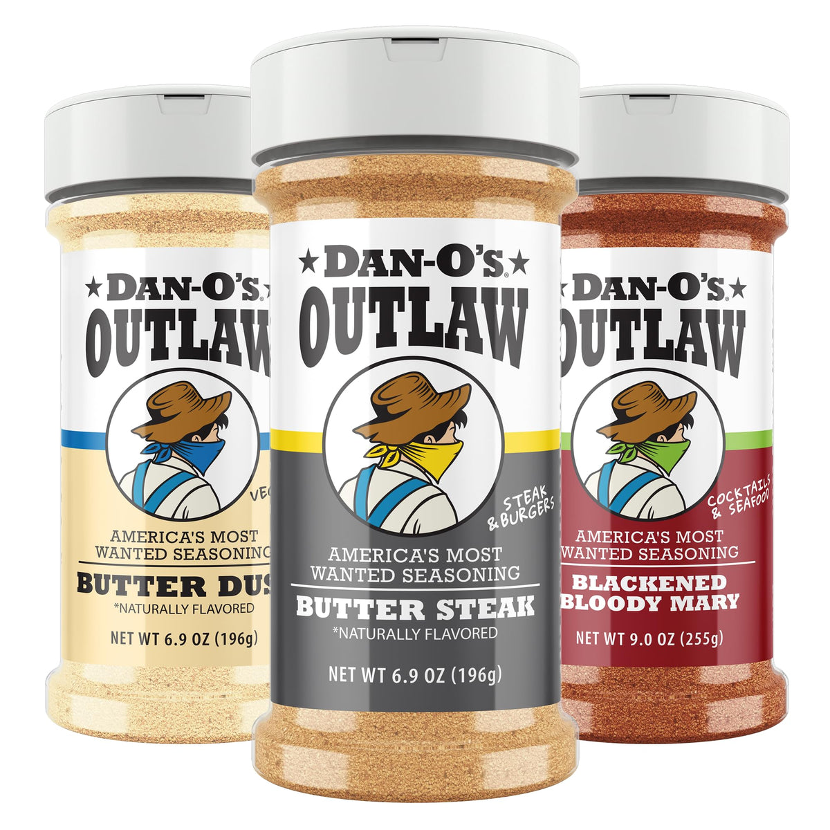 Dan-O's Outlaw 3-Bottle Seasoning Set: Butter Dust, Butter Steak & Blackened Bloody Mary