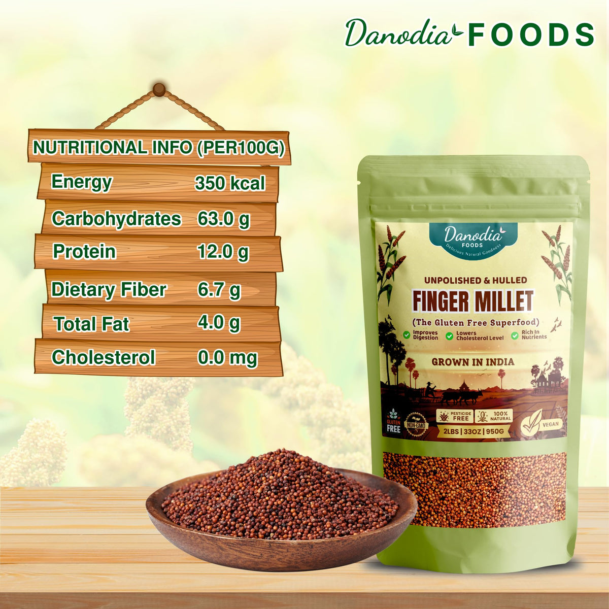 Danodia Foods Finger Millet (Ragi) – Organic, Gluten-Free, 2lb (950g) | Rich in Calcium, Iron & Fiber