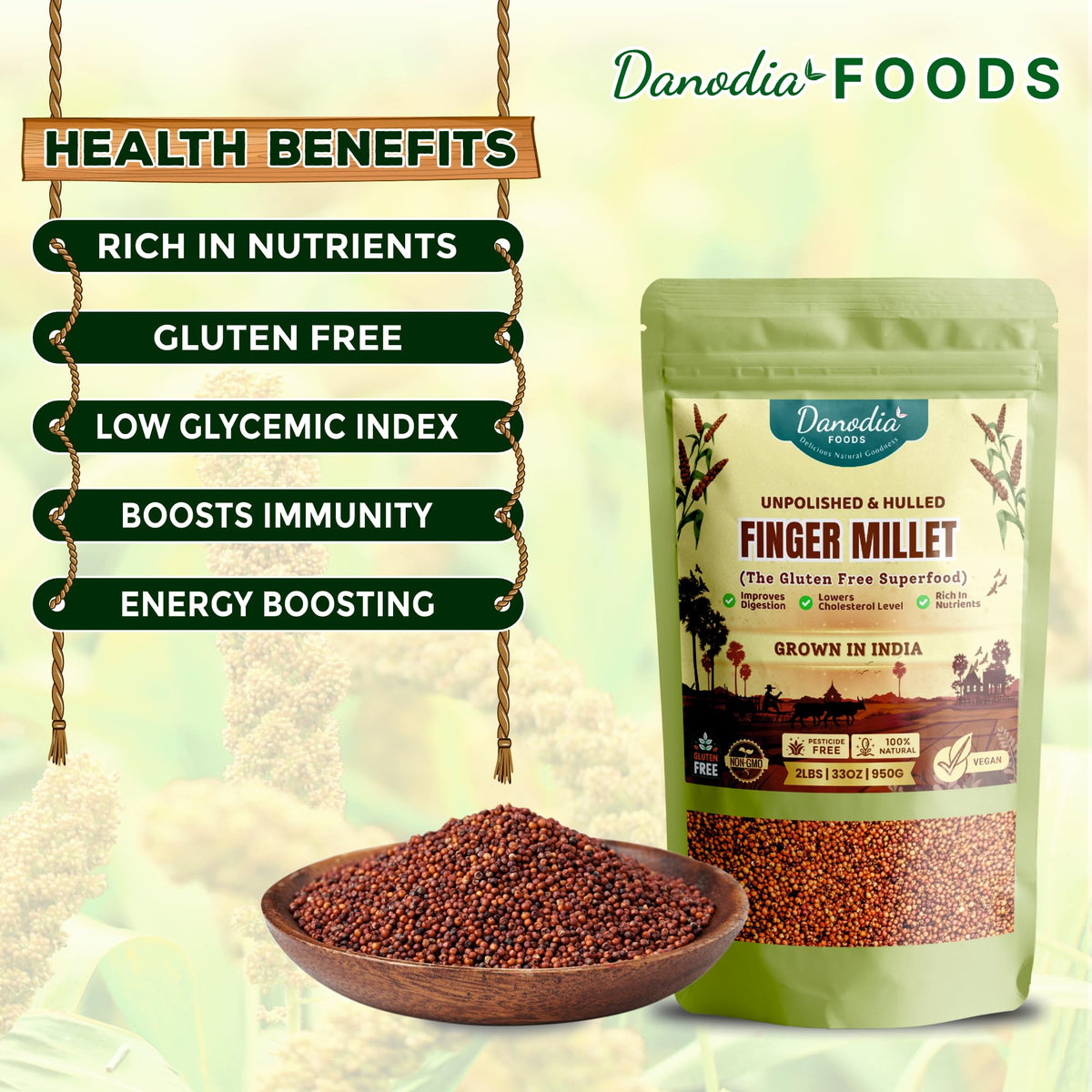 Danodia Foods Finger Millet (Ragi) – Organic, Gluten-Free, 2lb (950g) | Rich in Calcium, Iron & Fiber