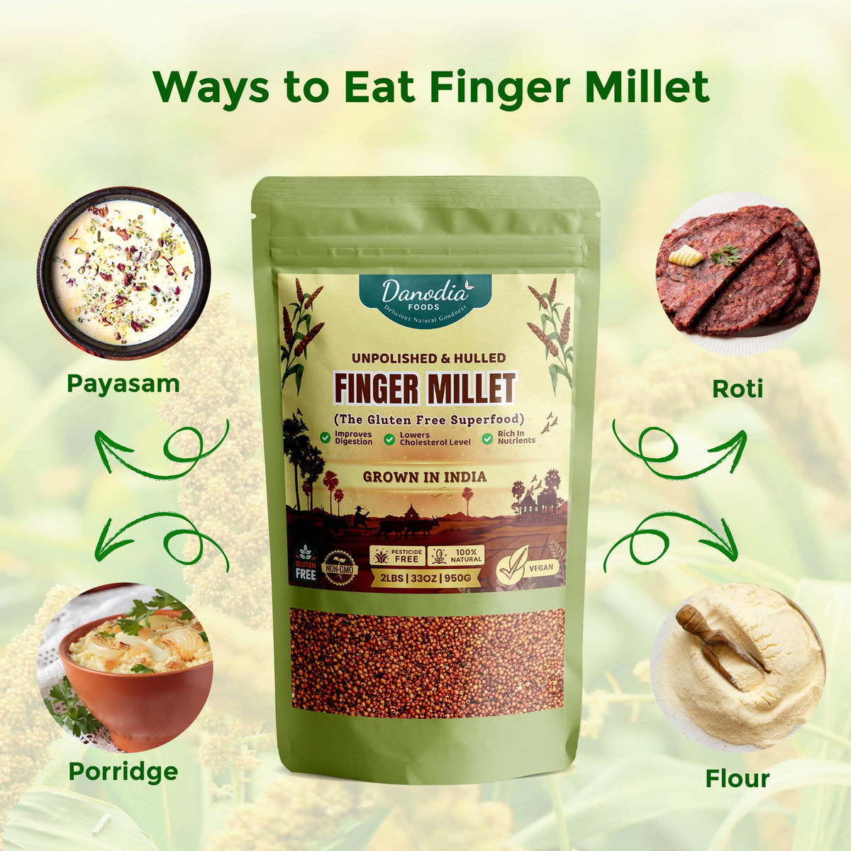 Danodia Foods Finger Millet (Ragi) – Organic, Gluten-Free, 2lb (950g) | Rich in Calcium, Iron & Fiber