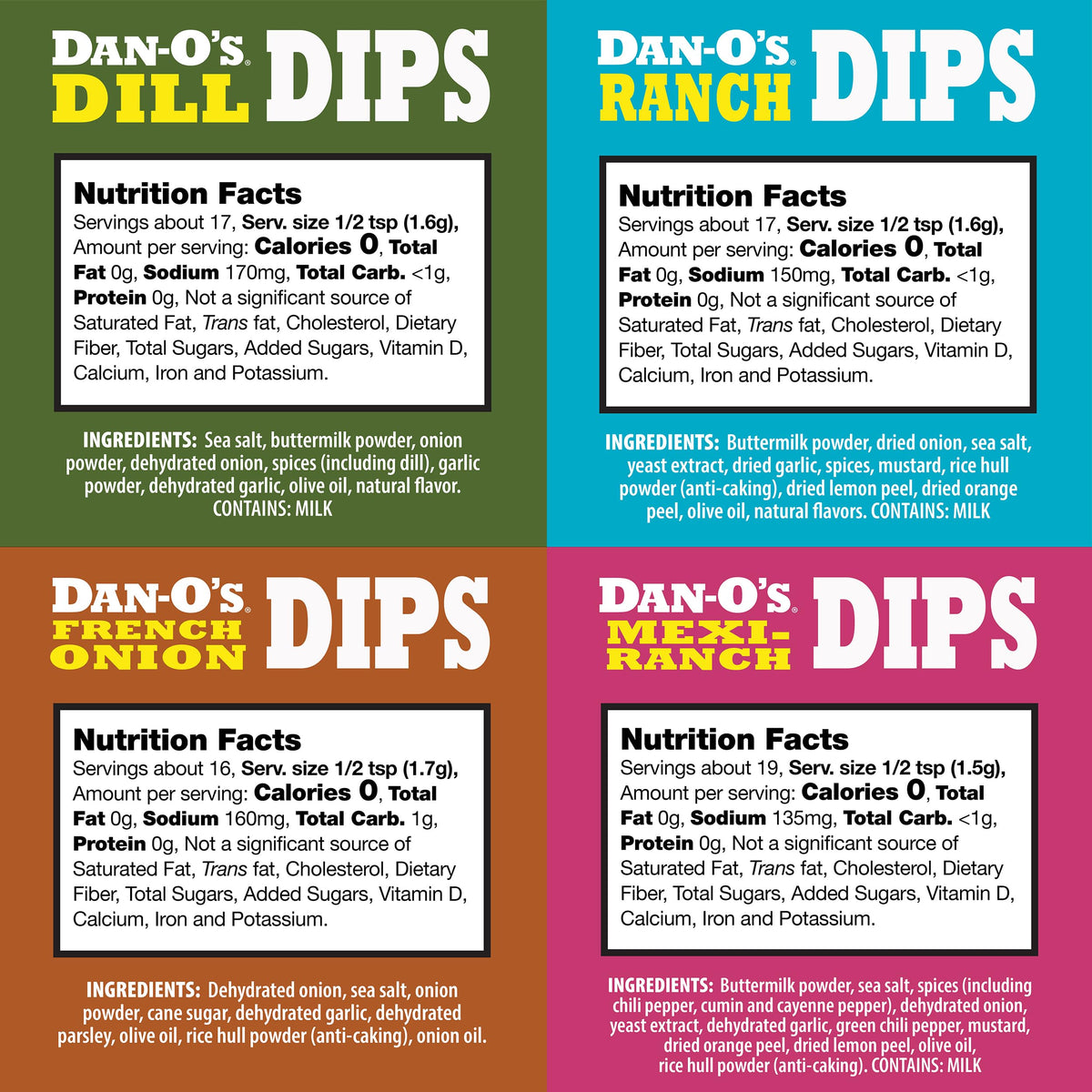 Dan-O’s Dips Variety Pack (16 Pack) – Ranch, Mexi-Ranch, French Onion & Dill – All-Natural Dip Mix Packets