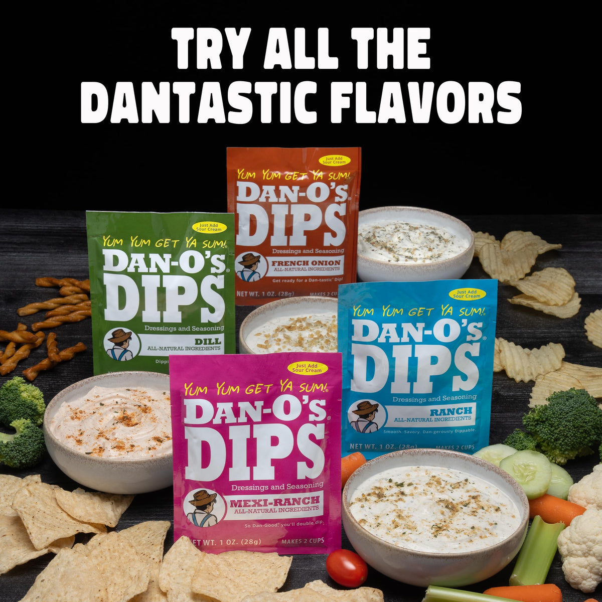 Dan-O’s Dips Variety Pack (16 Pack) – Ranch, Mexi-Ranch, French Onion & Dill – All-Natural Dip Mix Packets