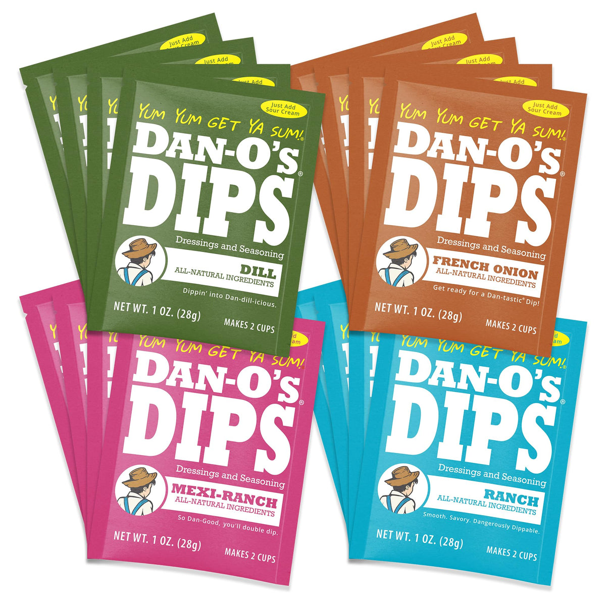 Dan-O’s Dips Variety Pack (16 Pack) – Ranch, Mexi-Ranch, French Onion & Dill – All-Natural Dip Mix Packets