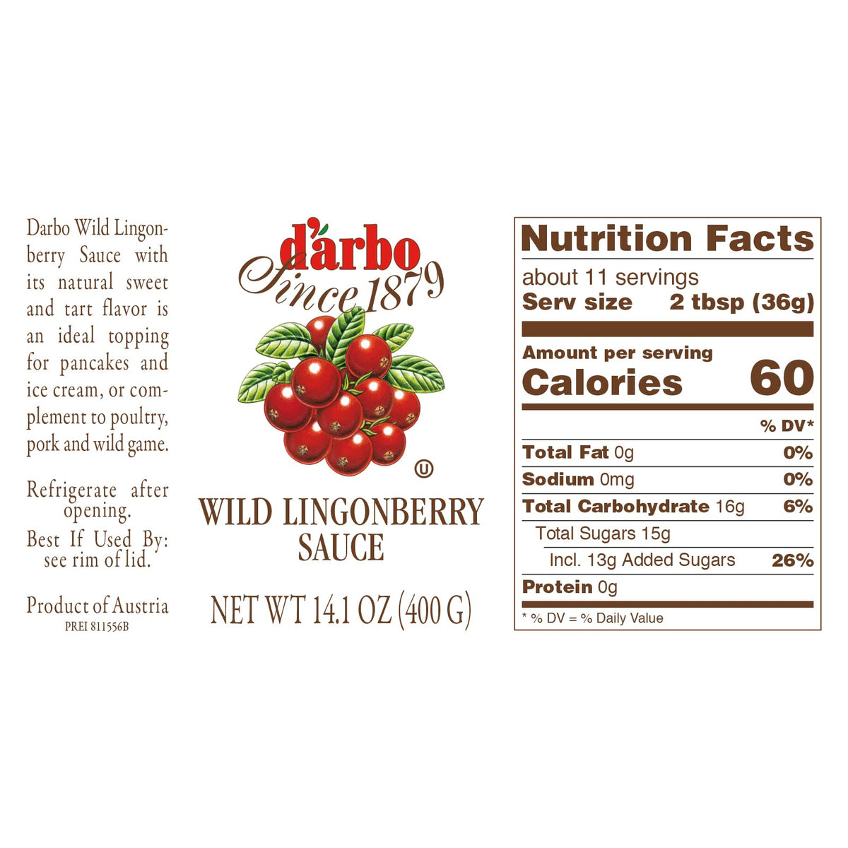 D'Arbo Premium Wild Lingonberry Sauce – 14.1 oz x6 | 60% Fruit Content | Delicate Tangy Sweetness