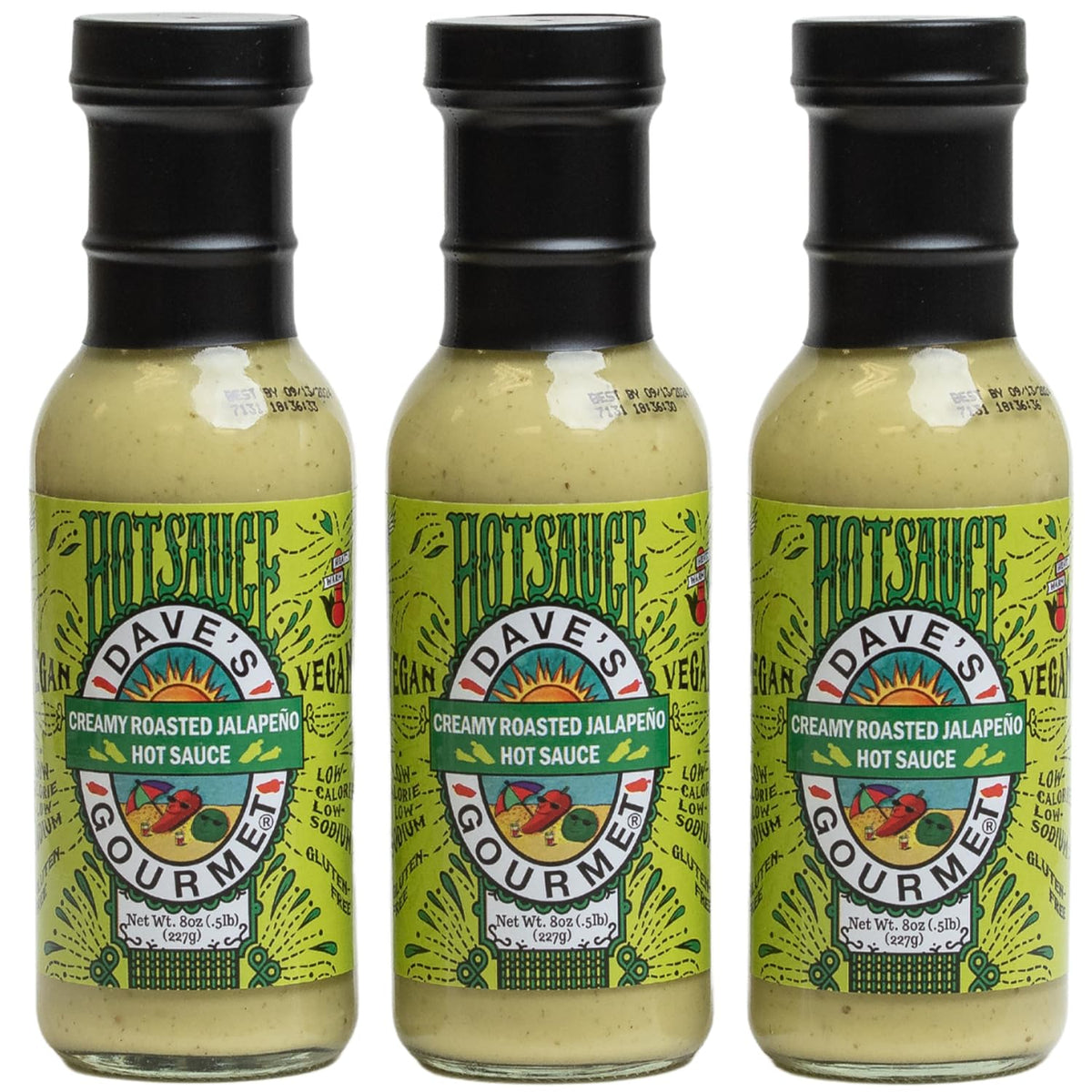 Dave's Gourmet Creamy Roasted Jalapeño Hot Sauce – Moderately Spicy Green Sauce (3x8oz, Vegan, Gluten-Free)