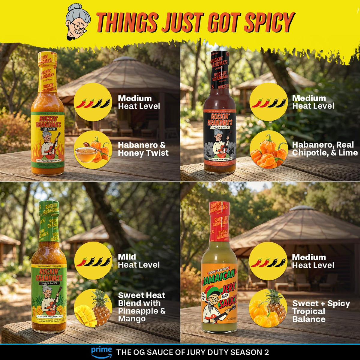 Rockin' Grandma's Sauce Variety Pack by Dave's Gourmet — 4 × 5 fl oz Bottles (Original, Smoky, Jamaican Jerk, Sweet) – As Seen on Jury Duty: Company Retreat