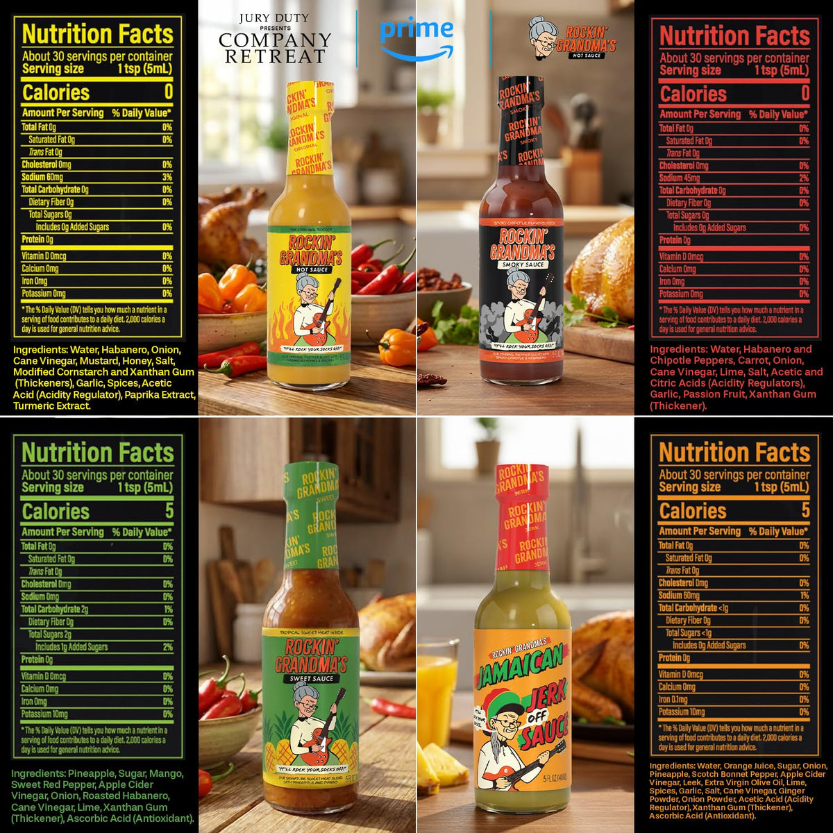 Rockin' Grandma's Sauce Variety Pack by Dave's Gourmet — 4 × 5 fl oz Bottles (Original, Smoky, Jamaican Jerk, Sweet) – As Seen on Jury Duty: Company Retreat