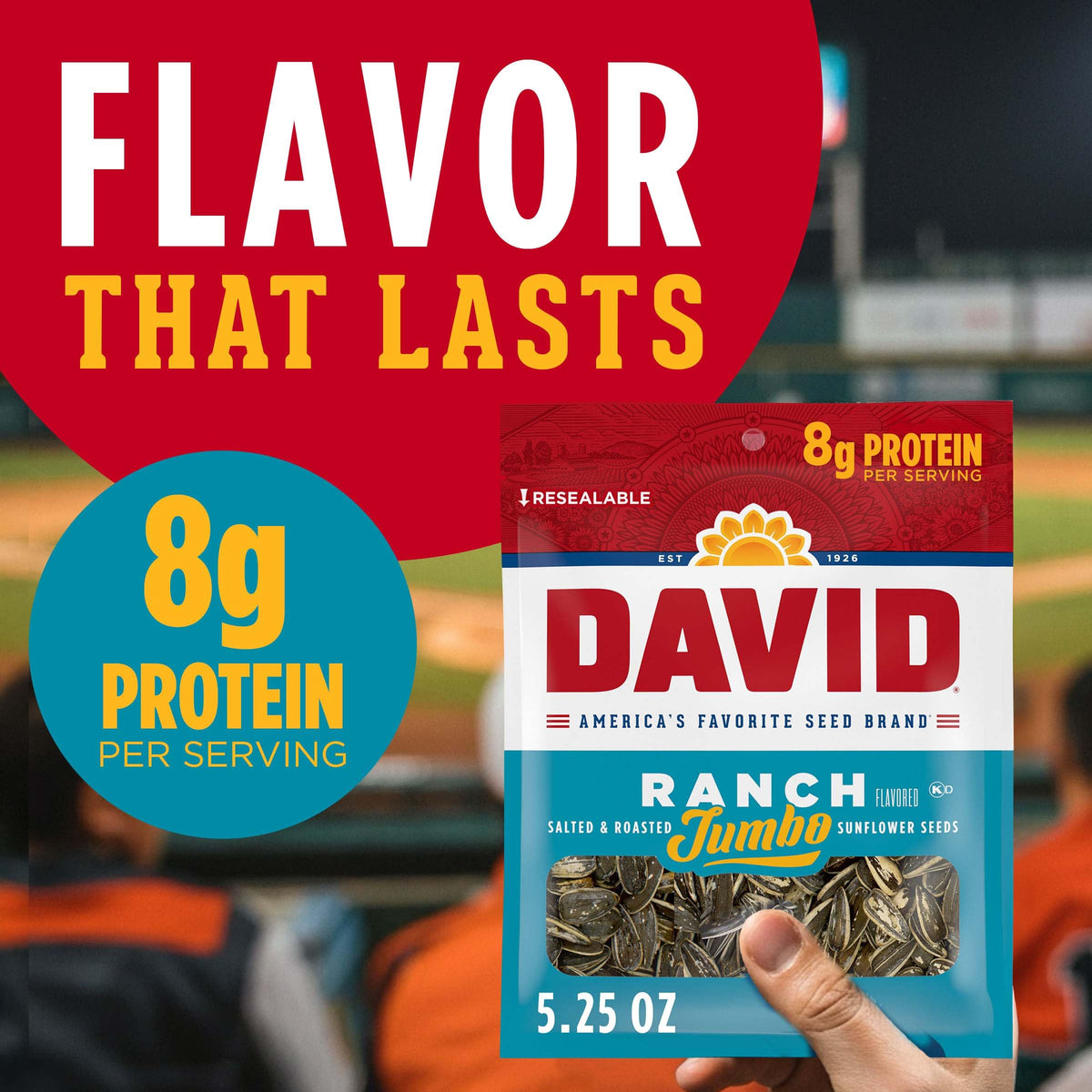 DAVID Seeds Ranch Jumbo Sunflower Seeds – Roasted & Salted, Keto Friendly, 5.25 oz x12