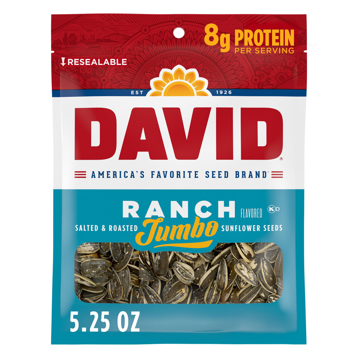 DAVID Seeds Ranch Jumbo Sunflower Seeds – Roasted & Salted, Keto Friendly, 5.25 oz x12