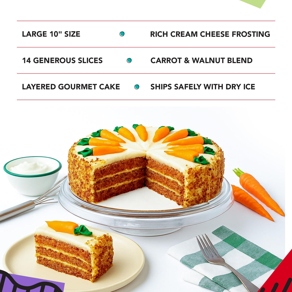 David's Cookies Carrot Cake 10 Inch - Pre-Sliced 14pc Layered Cake with Cream Cheese Frosting - Gourmet Bakery Dessert for Parties, Gifting, and Celebrations