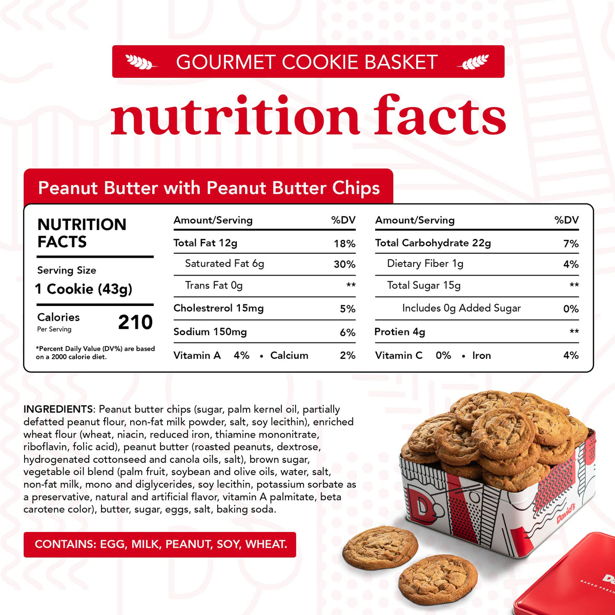 David's Cookies 2lbs Peanut Butter Cookies — Fresh, Preservative-Free Gift Tin