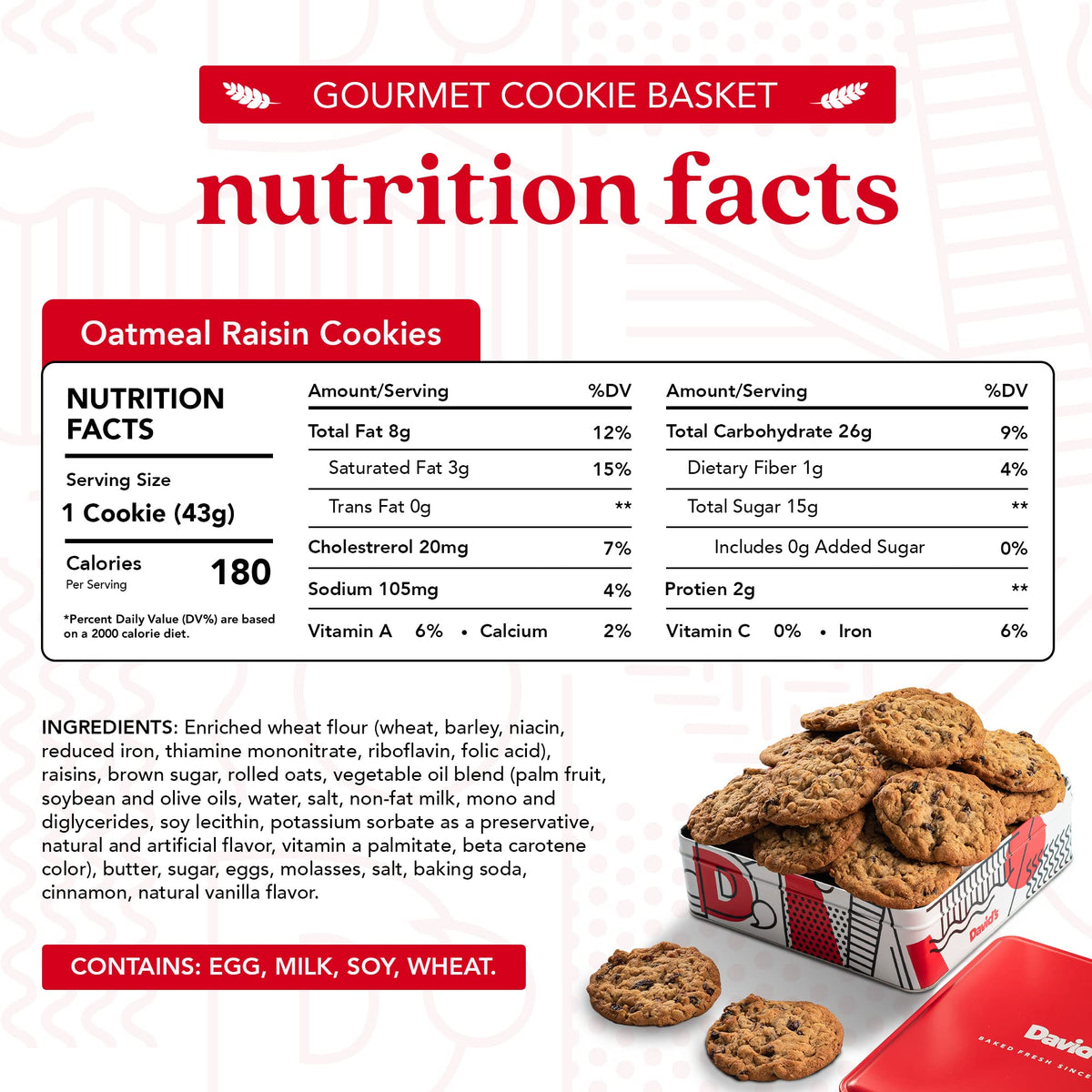 David's Cookies 1lb Oatmeal Raisin - Freshly Baked, Premium Ingredients, No Added Preservatives Gift Tin
