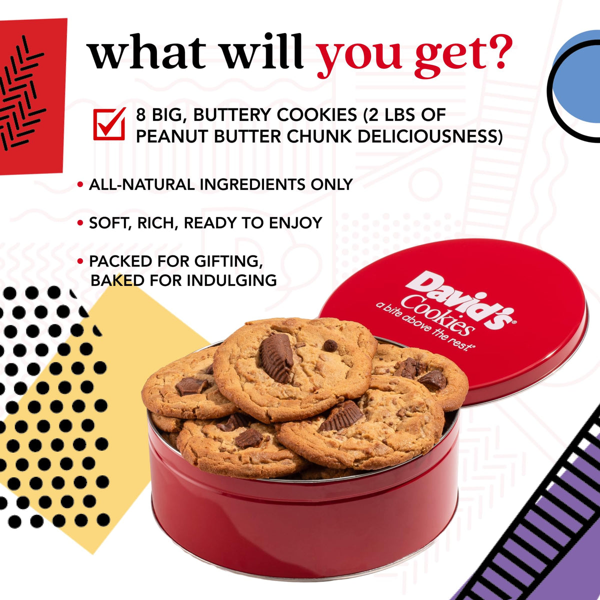 David's Cookies Peanut Butter Chunk Gift Tin – All-Natural, No Preservatives (2 lb, 8 Cookies)