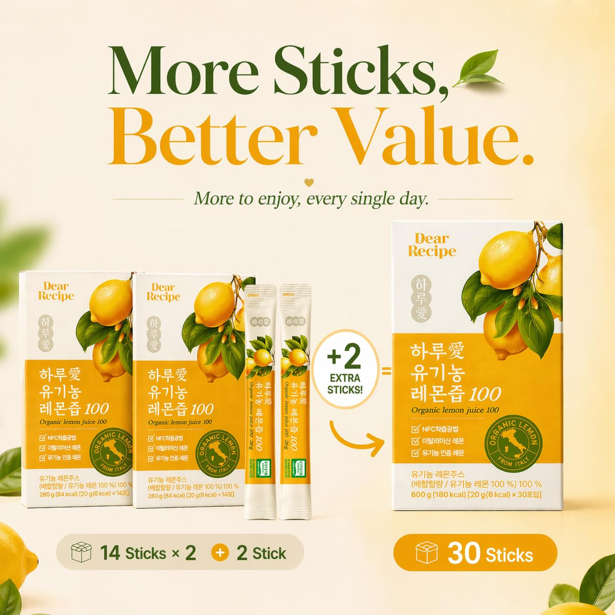Dear Recipe 30 Sticks Organic Lemon Juice – 20g Each | NFC Cold-Pressed, Italian Lemons, Product of Korea, Non-GMO, No Sugar Added