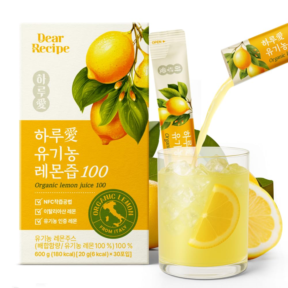 Dear Recipe 30 Sticks Organic Lemon Juice – 20g Each | NFC Cold-Pressed, Italian Lemons, Product of Korea, Non-GMO, No Sugar Added