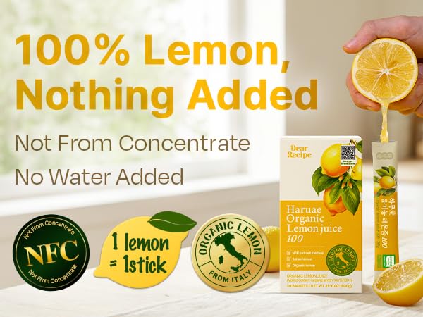 Dear Recipe 30 Sticks Organic Lemon Juice – 20g Each | NFC Cold-Pressed, Italian Lemons, Product of Korea, Non-GMO, No Sugar Added