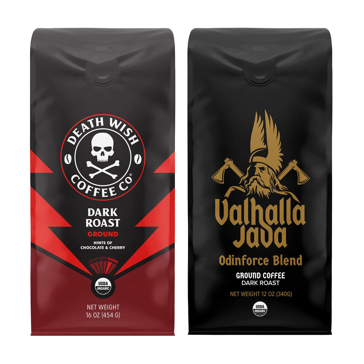 Death Wish Coffee Bundle: Dark Roast Ground 16 oz & Valhalla Java Ground 12 oz | USDA Organic & Fair Trade