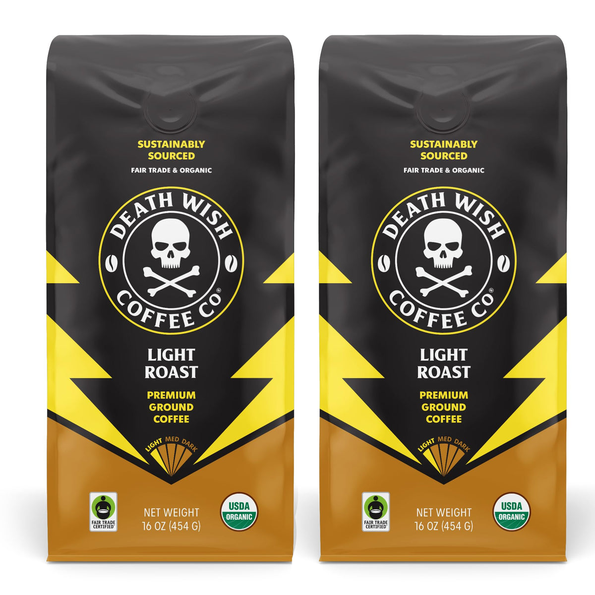 Death Wish Coffee Ground Light Roast – Organic & Fair Trade, 1 lb (Pack of 2)