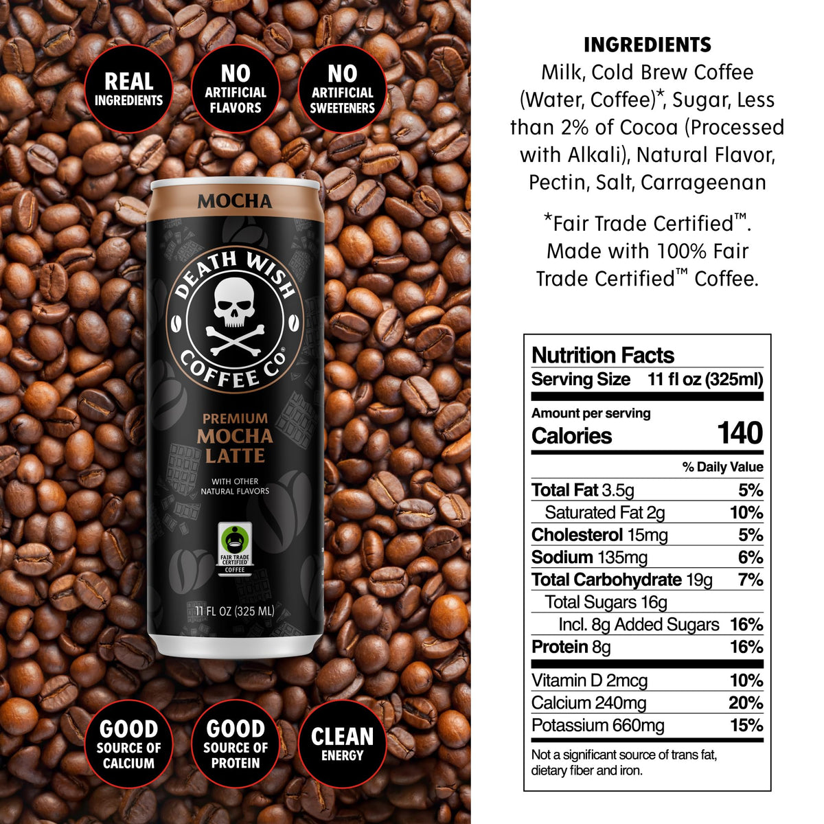 Death Wish Coffee Mocha Latte Iced Cold Brew — 8g Protein, Fair Trade