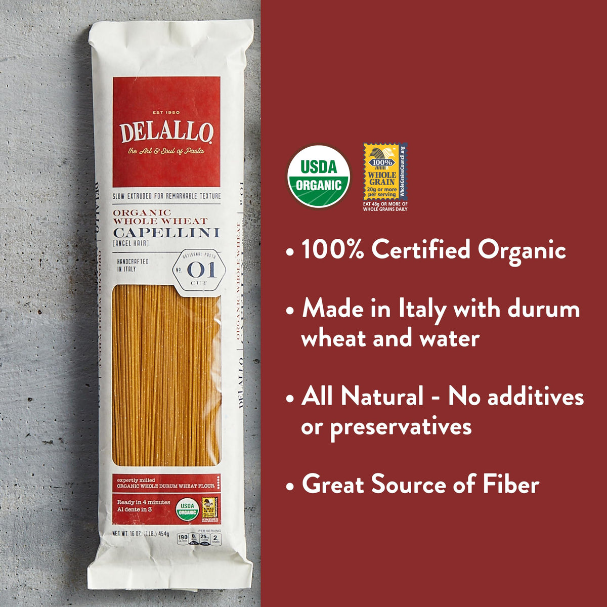 DeLallo Whole Wheat Capellini Pasta — 8 x 1 lb, 100% Durum Wheat, Made in Italy