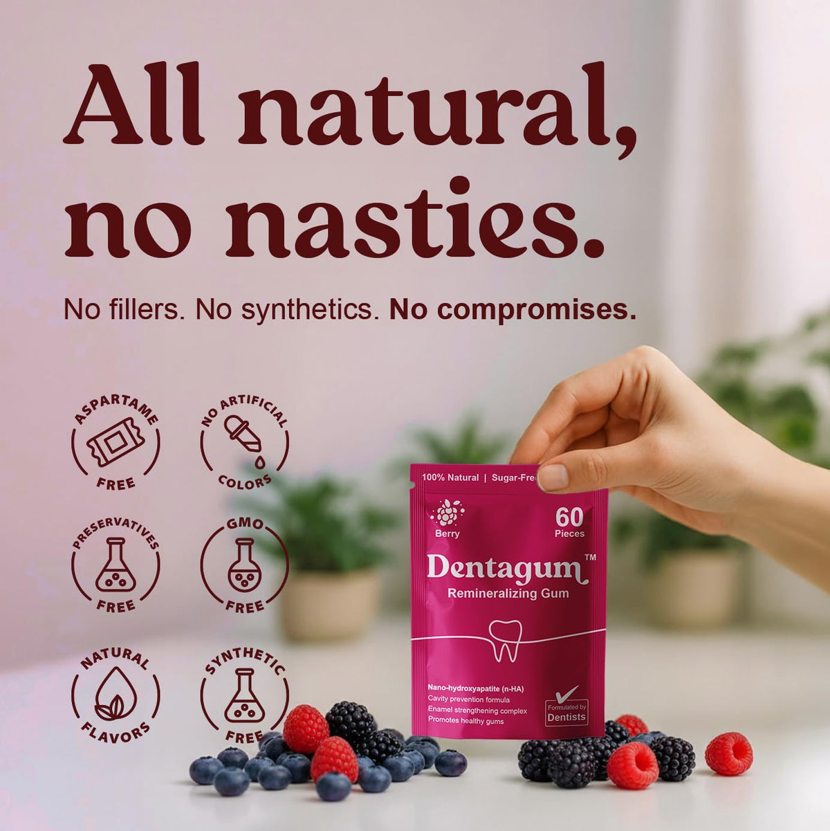 Dentagum Remineralizing Gum with Nano-Hydroxyapatite & Xylitol – SugarFree Berry, 60 Pieces