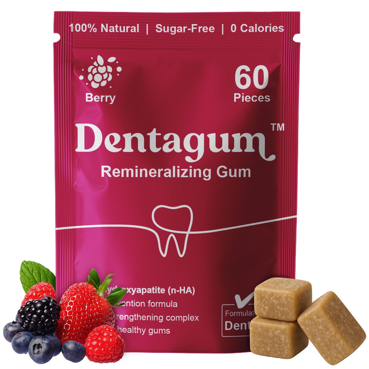 Dentagum Remineralizing Gum with Nano-Hydroxyapatite & Xylitol – SugarFree Berry, 60 Pieces