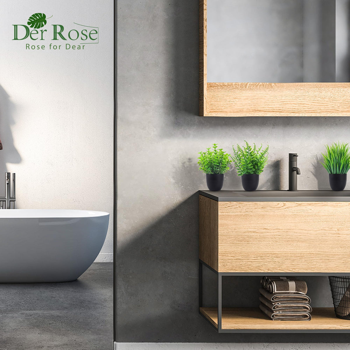 Der Rose 4 Pack Small Fake Plants in Black Pots, Bathroom Office Decor