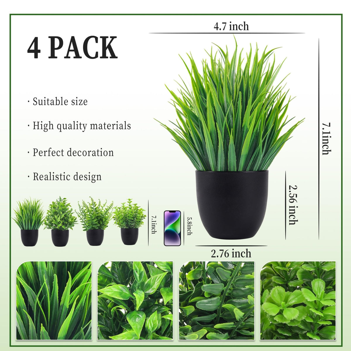 Der Rose 4 Pack Small Fake Plants in Black Pots, Bathroom Office Decor