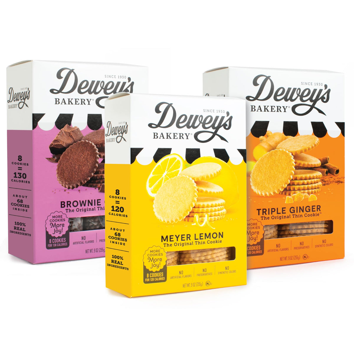 Dewey's Bakery Meyer Lemon, Brownie Crisp & Triple Ginger Moravian Cookie Thins Variety Pack - Real Ingredients, No Artificial Flavors