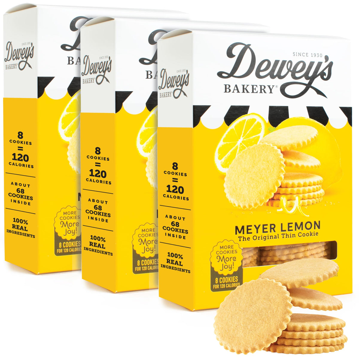 Dewey's Bakery Meyer Lemon Moravian Style Cookie Thins – Real Ingredients, Low Calorie Snack, Pack of 3 (9oz)