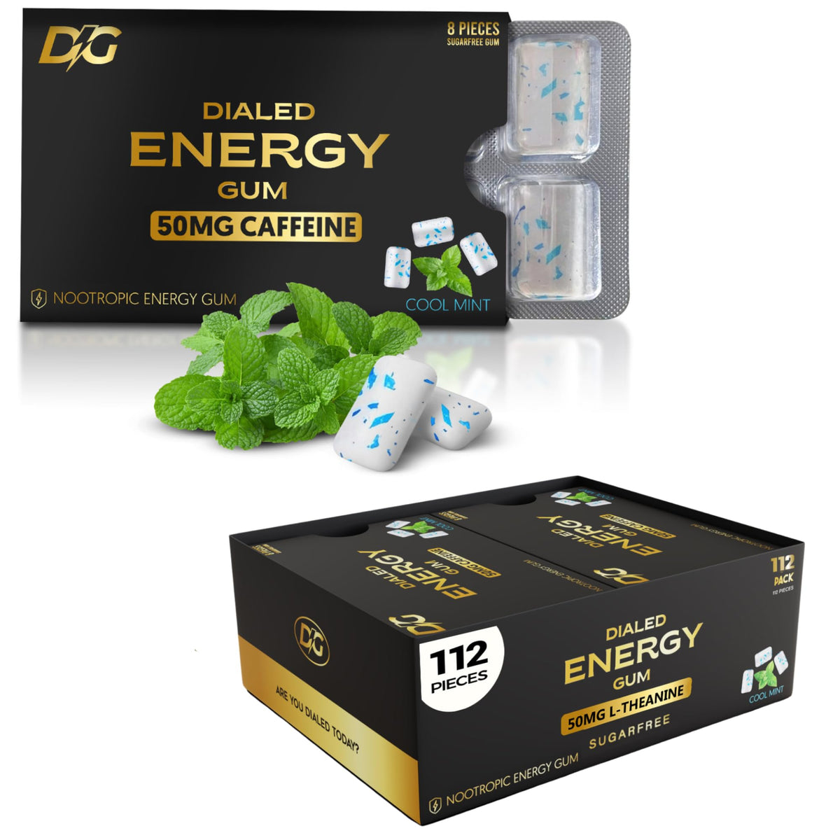Dialed Energy Gum (112pc) — 50mg Natural Caffeine | L-Theanine + Taurine | Sugar Free, 0 Calories | Xylitol | Cool Mint