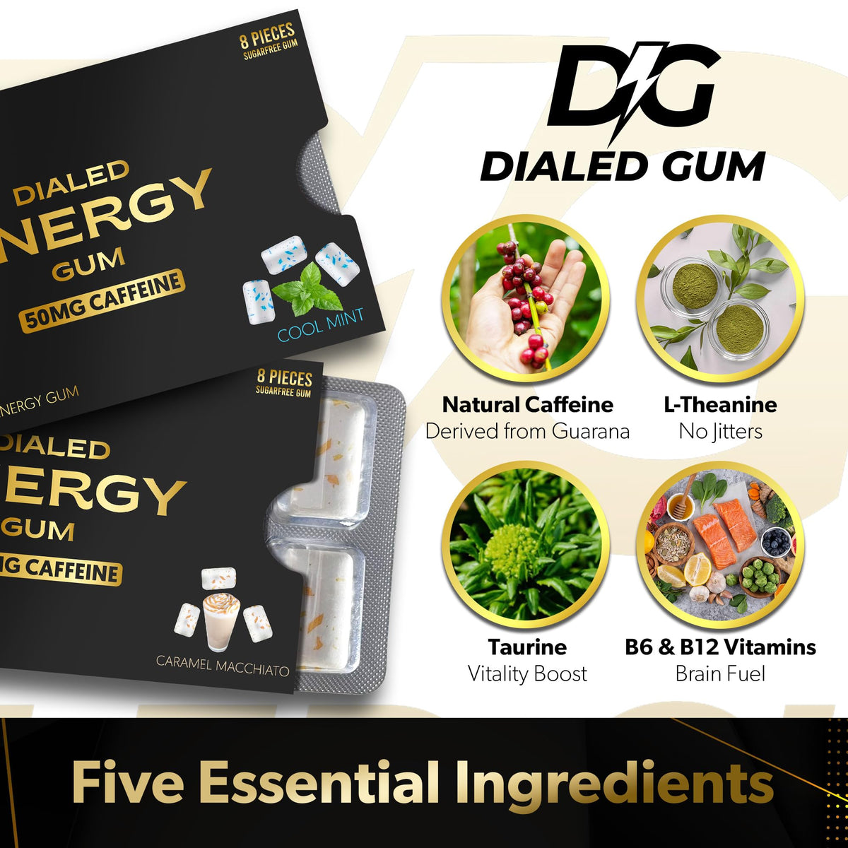 Dialed Energy Gum (112pc) — 50mg Natural Caffeine | L-Theanine + Taurine | Sugar Free, 0 Calories | Xylitol | Cool Mint