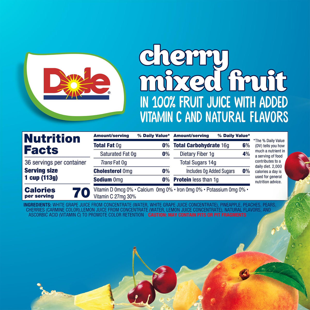 Dole Cherry Mixed Fruit in 100% Juice – 4oz Cups, Gluten & Dairy Free, 36-Count