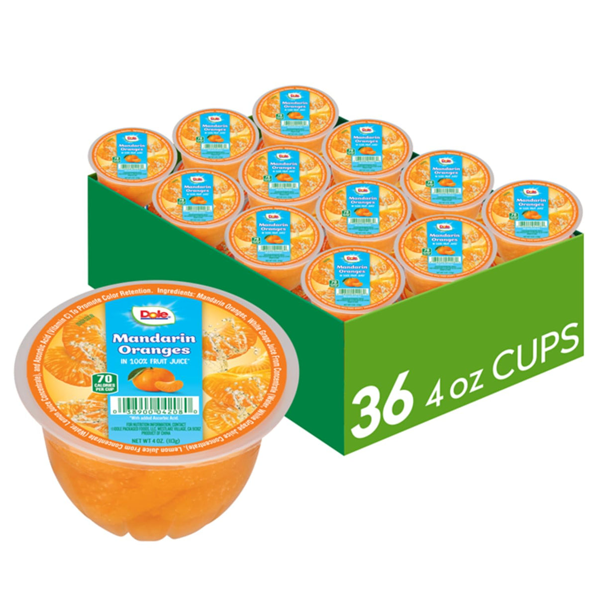 Dole Mandarin Oranges in 100% Juice — Fruit Bowls Snacks, 4oz, 36 Cups, Gluten & Dairy Free