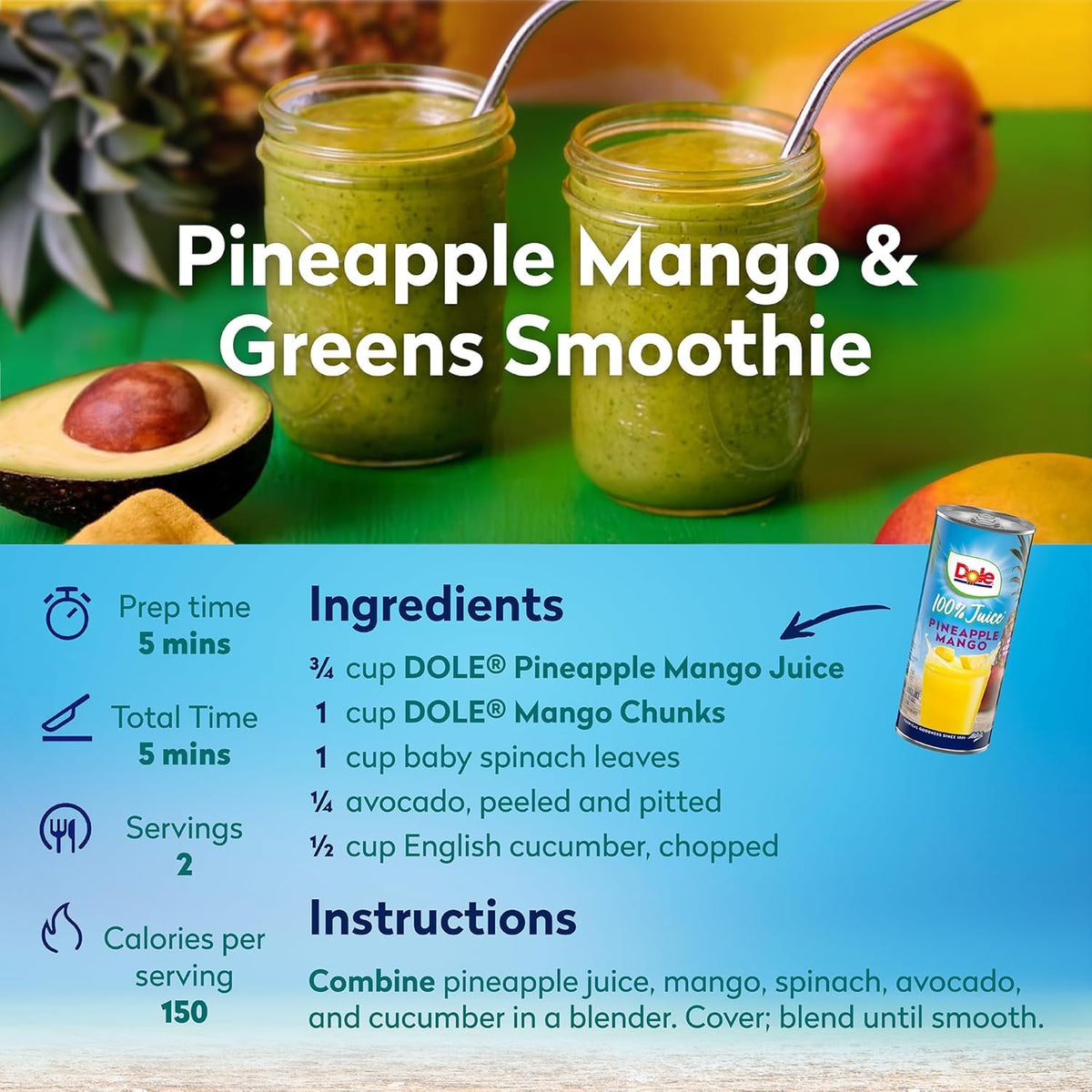 Dole Pineapple Mango Juice 100% Fruit Juice — No Added Sugar, Vitamin C, Pack of 24 (8.0 fl oz)