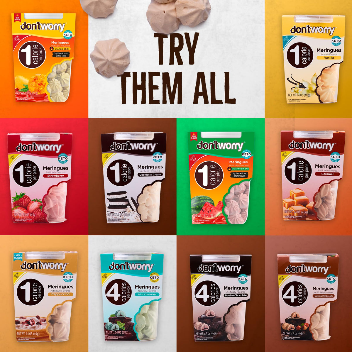 Don't Worry Meringue Cookies – Double Chocolate, Hazelnut, Mint | Keto & Gluten Free 4-Pack