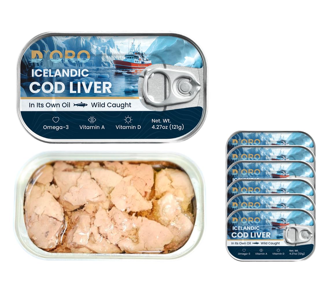 D’ORO Icelandic Cod Liver in Its Own Oil – Silky & Delicate, Wild-Caught, Omega-3 & Vitamin D, 4.27oz (121g) Pack of 6