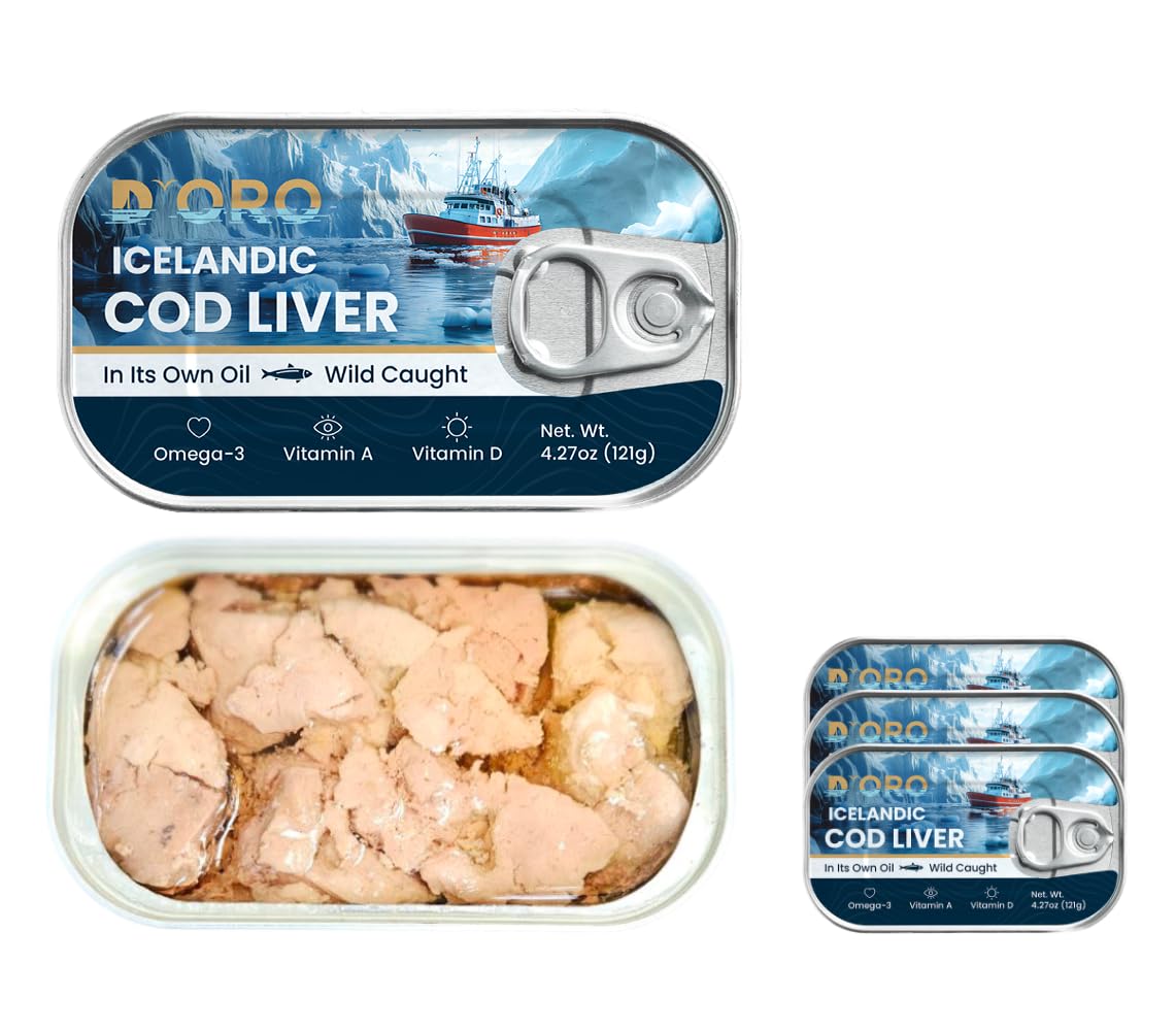 D'ORO Icelandic Cod Liver in Its Own Oil – Silky & Delicate, Wild-Caught, Omega-3 DHA & EPA, Vitamin D | Pack of 3 4.27oz