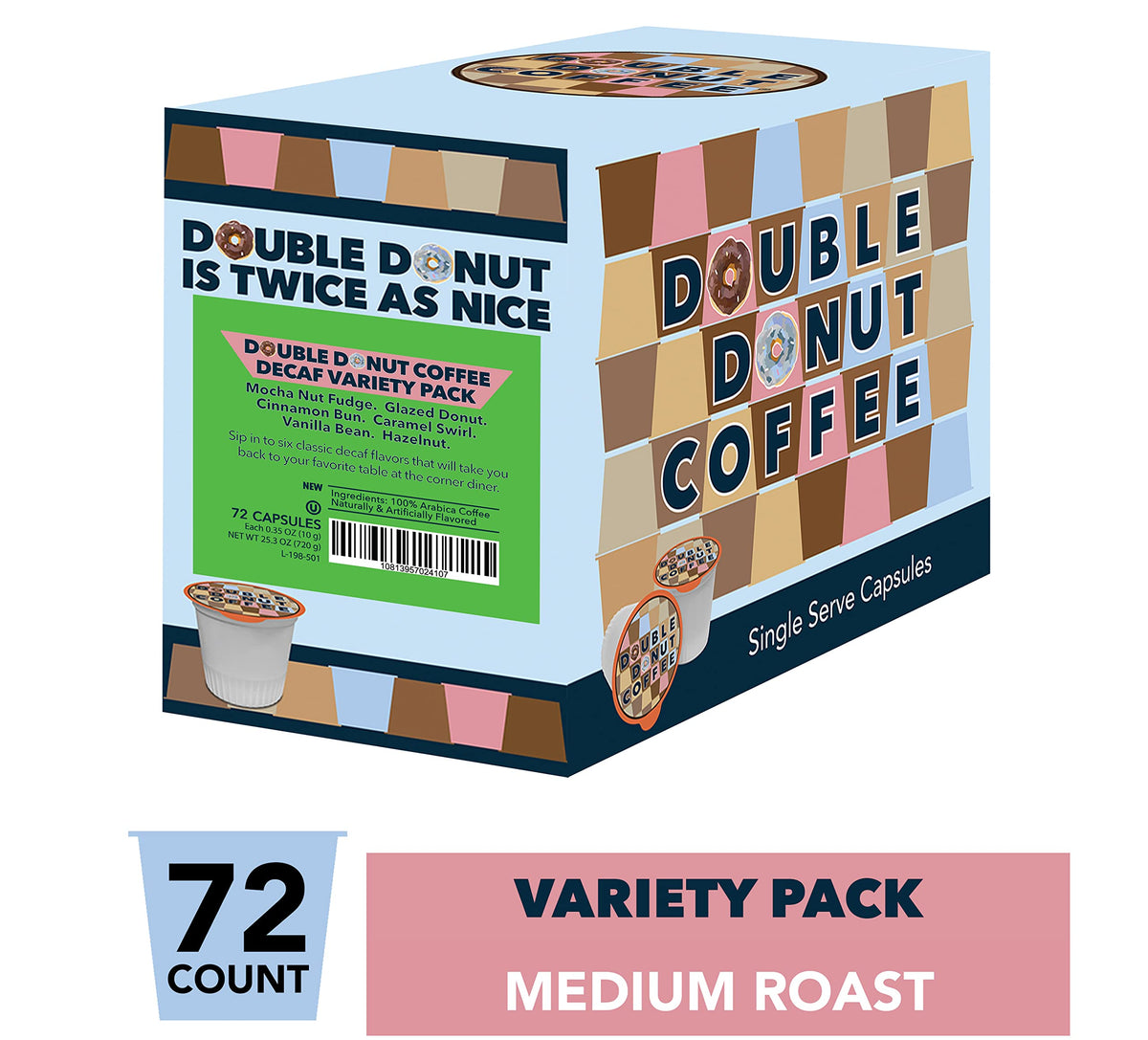 Double Donut Coffee Decaf Flavored Variety Pack - 72 Keurig K-Cups