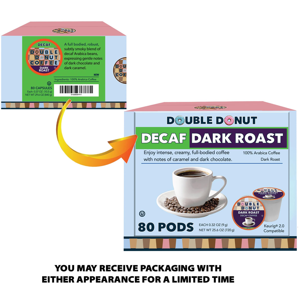 Double Donut Coffee Decaf Dark Roast Pods — Extra Bold, Keurig-Compatible, 80 Count